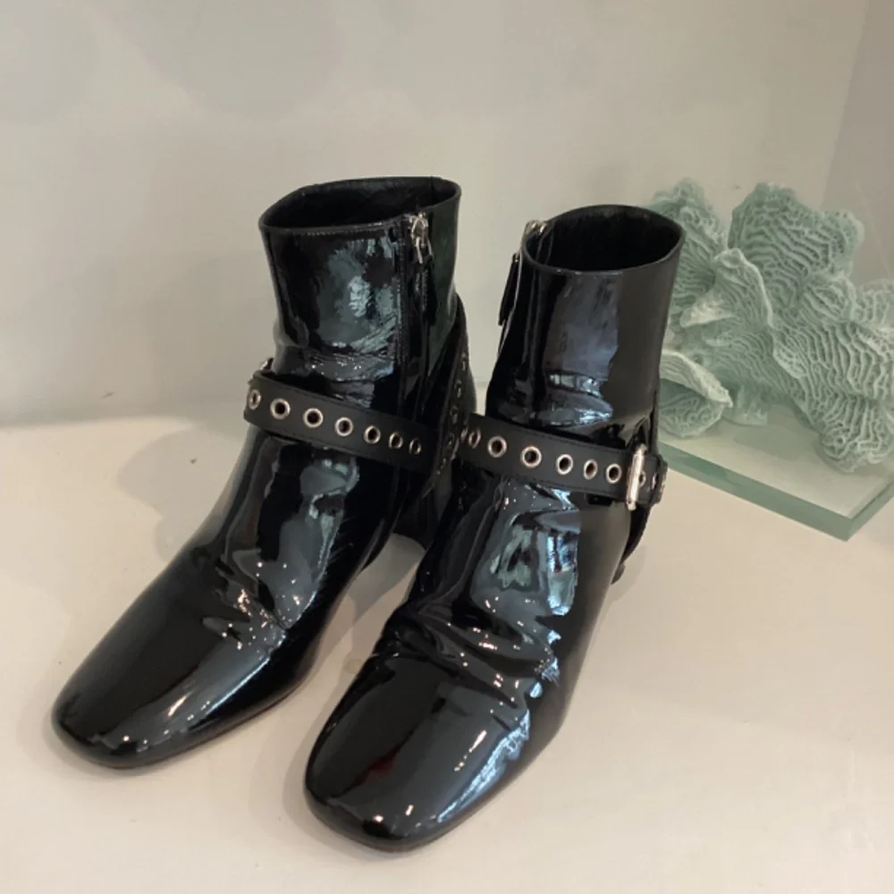 MIU MIU Eyelet Embellished Patent Leather Ankle Boots Black Size 37.5 7